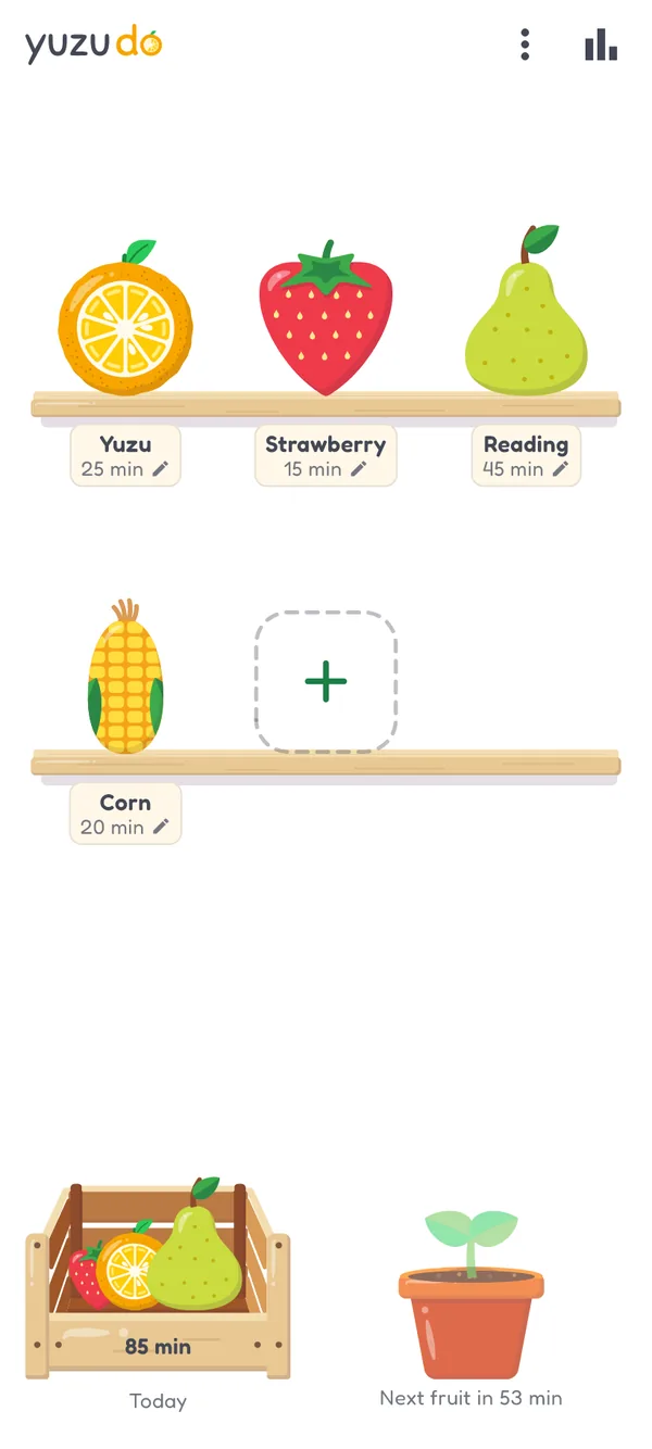 yuzudo home screen: a yuzu, a strawberry and a pear named Reading stand on a wooden shelf with their minutes, corn stands on a second shelf next to an empty slot with a plus. Below are today’s crate with 85 min and a sprout pot: next fruit in 53 min.