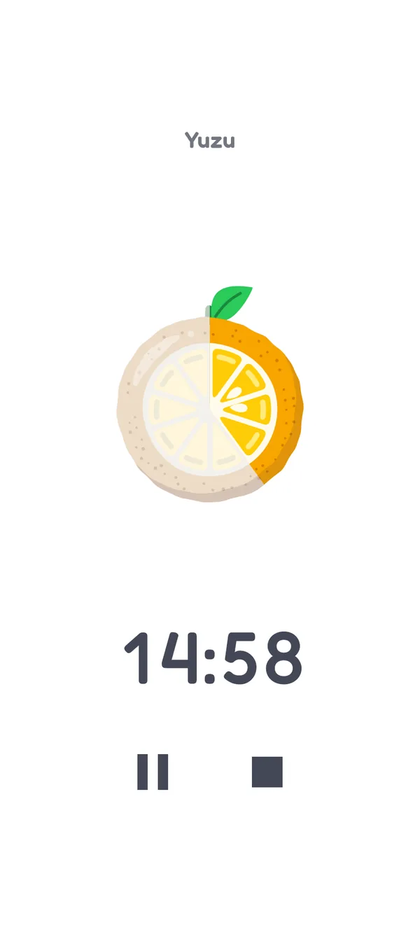 A running timer: a large yuzu half with four of its ten wedges ripe, 14:58 left, with pause and stop buttons.